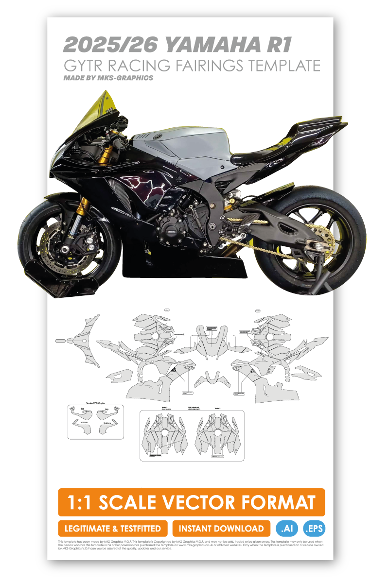 YAMAHA R1 2025 TO 2026 GYTR RACING FAIRINGS TEMPLATE WITH OEM FUELTANK AND WINGS